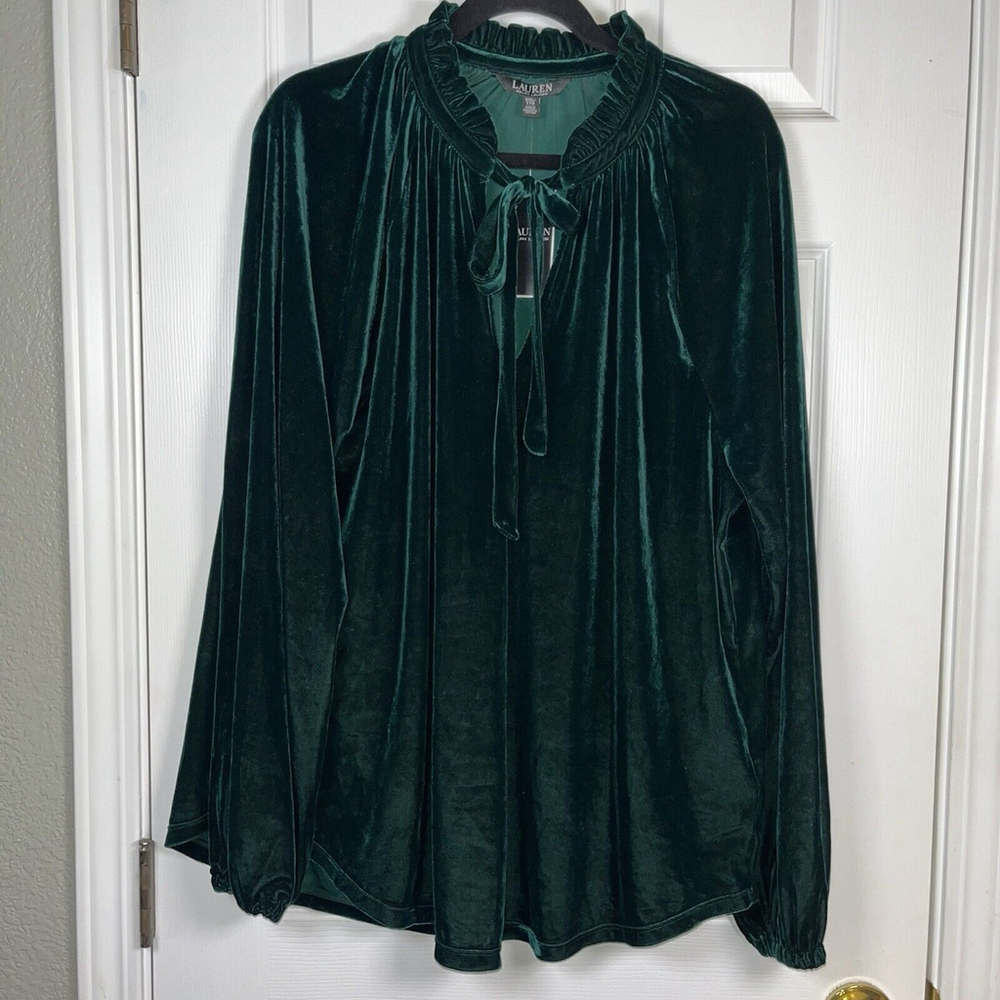 Lauren Ralph Lauren Green Velvet High Neck Bow Long Sleeve Top Size 2XL Tall NEW